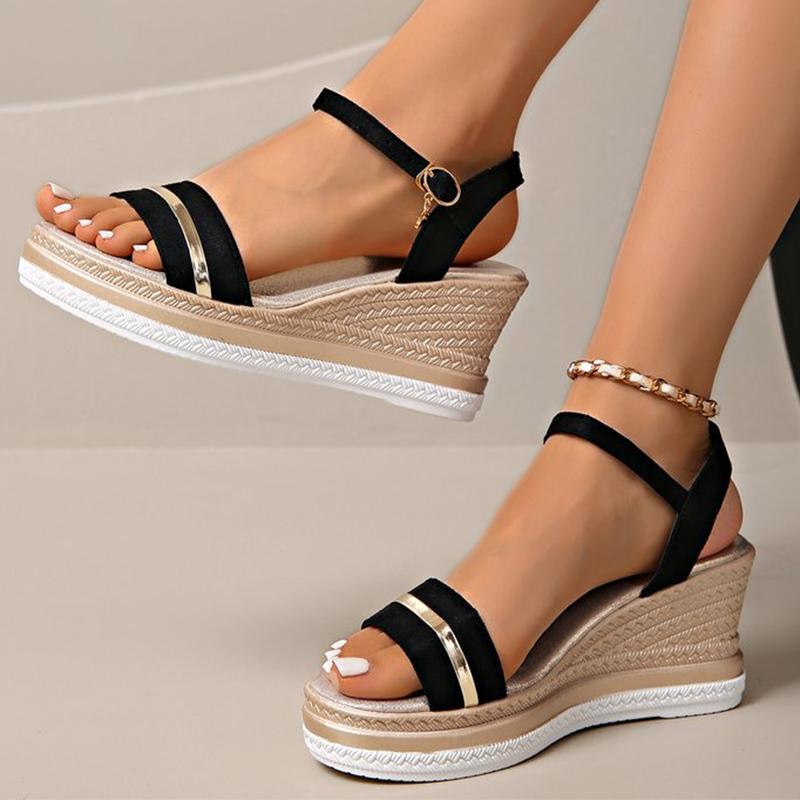 Fashion Summer Buckle Metal Bars Wedge Sandals for Women Open Toes Roman Sandalias Platform Suede Shoes Woman Slides