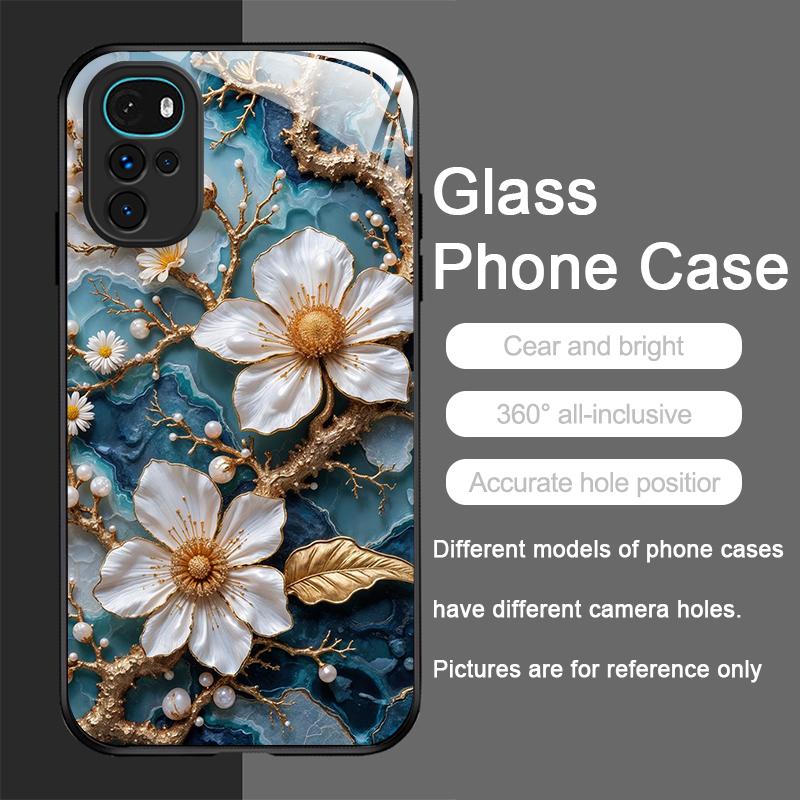 White Camellia Flower Marble Texture Tempered Glass Phone Case for Motorola Moto G85 G84 G75 Edge 50 Fusion 40 Neo 30 Pro Cover