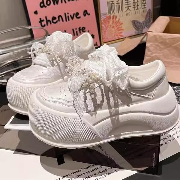 Leather Korean Version Big Head Lace Bow Pearl Bread Shoes Platform Muffin Small 6cm Casual Board Shoes Women