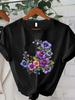 Women's Flower Print T-shirt Comfortable Summer Vibrant Purple and Blue Flowers Short Sleeve Crew Neck Fashion Casual Top Daily
