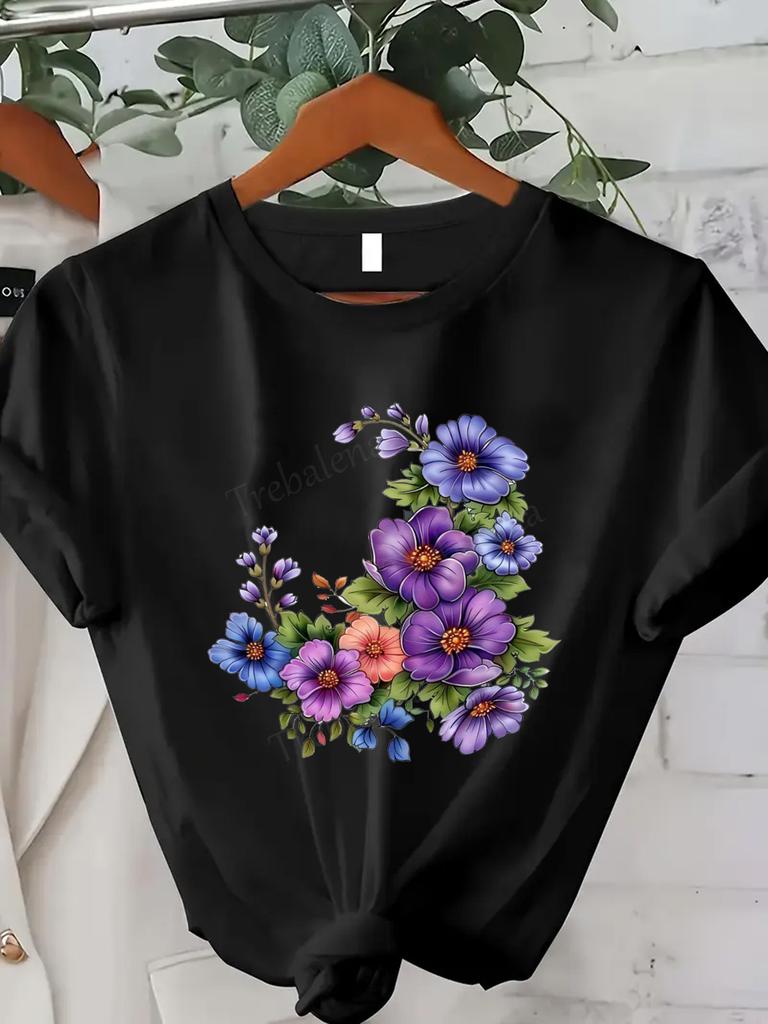 Women's Flower Print T-shirt Comfortable Summer Vibrant Purple and Blue Flowers Short Sleeve Crew Neck Fashion Casual Top Daily