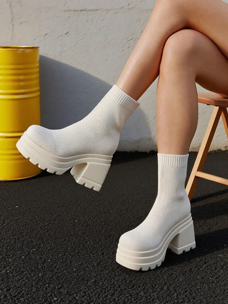 Women'S Casual Slip-On Knitted Ankle Boots High Heel Thick Bottom Fashion Platform Short Sock  Boots Dress Breathable Shoes