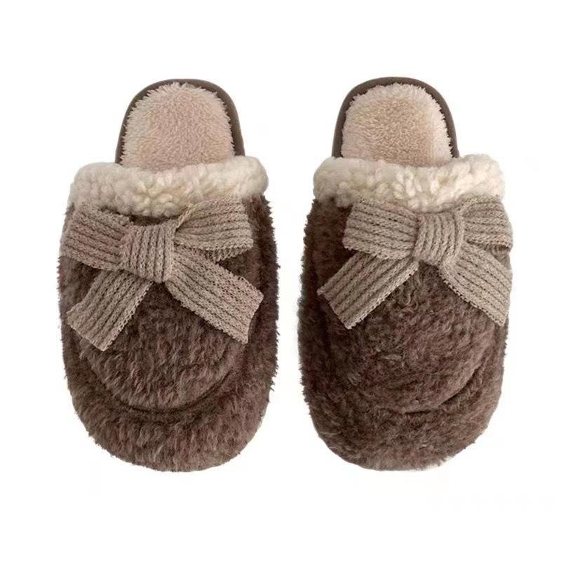 Winter women's velvet cotton slippers wear flat-bottomed couple's non-slip bow decorative wool slippers
