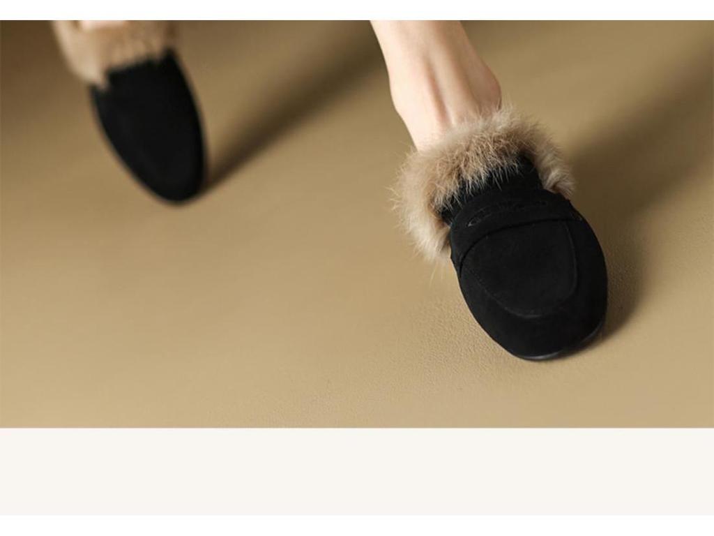 Women's 2025 Autumn/Winter Flat Suede Velvet Furry Mule Slippers