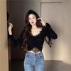 Pure desire V-neck lace splicing long-sleeved T-shirt women's autumn sexy exposed navel short tight top with pleated bottoming shirt