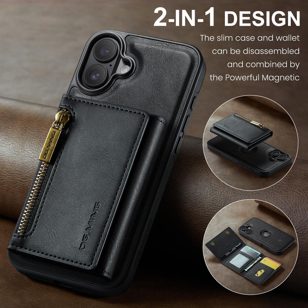 DG.MING M5 Series For iPhone 16 Case Detachable Magnetic Leather Phone Cover with Card Slots