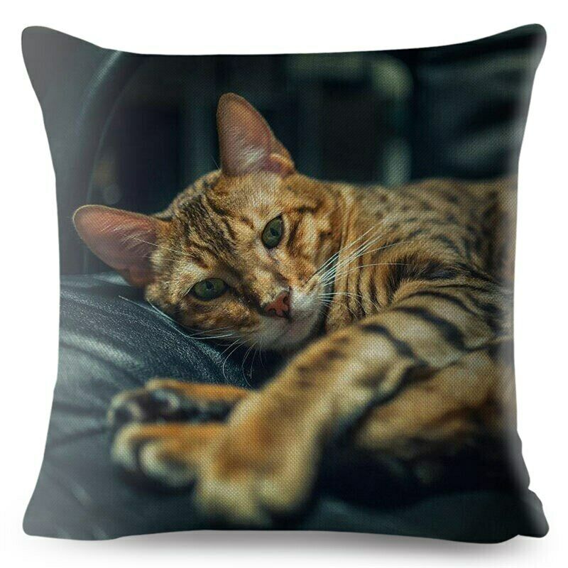 

Cute Bengal Cat Print Pillow Cushion Cover Beige Linen Throw Pillows Cases Sofa 45x45cm 18x18in