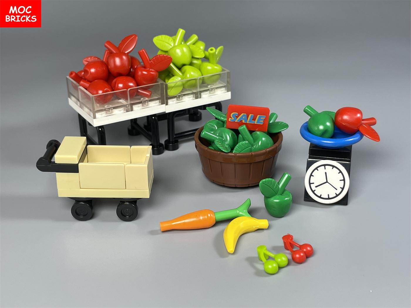 MOC Stenen Voedsel Fruit Display Plank Gereedschap Stad Keuken Accessoires Educatief Bouwstenen Kinder Speelgoed