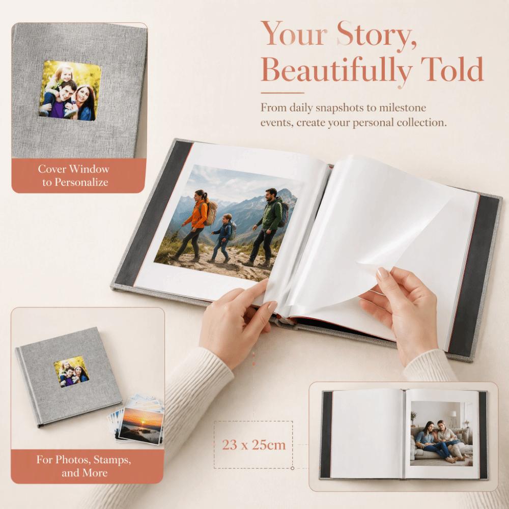 Laminated Cover Self Adhesive Photo Album Grey Memory Book Album Linen Cover Photo Album  For Baby
