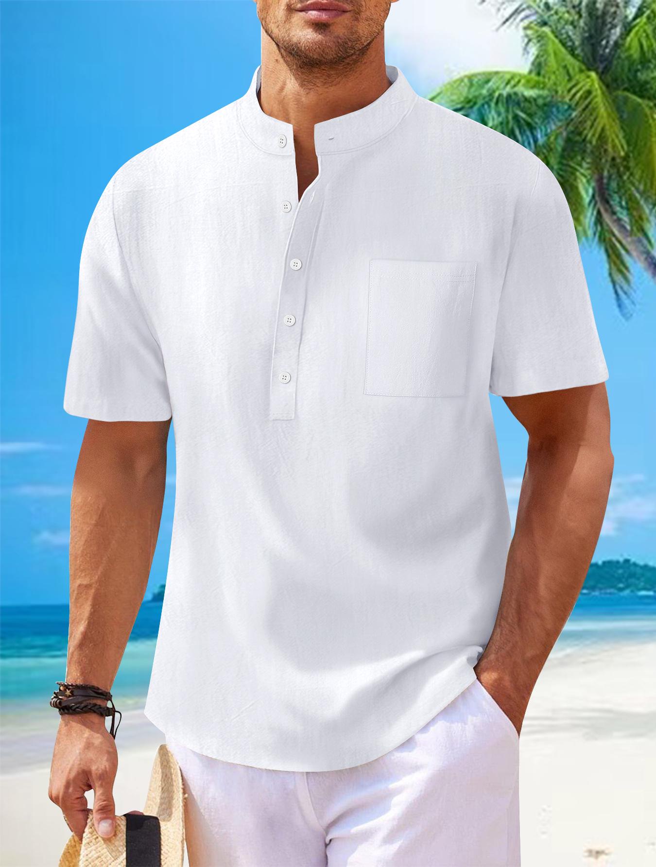 

Men’s Cotton Linen Stand Collar Short Sleeve Henley Shirt - Casual & Versatile XL белый