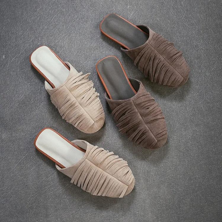 Johnature Chinelos Planos de Moda com Franjas em Camurça de Vaca Leves Confortáveis e Versáteis Sapatos Slip-on Femininos