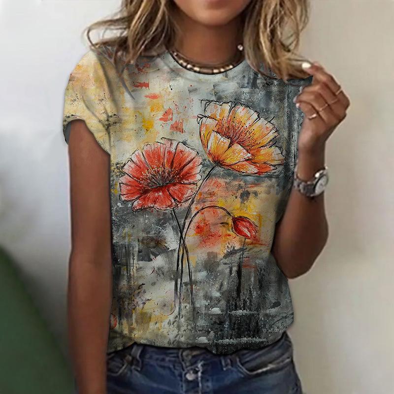 Street Style Cool Feeling 3D Digital Printing Floral round Neck Short Sleeve Women s T-Shirt Casual Comfortable Milk Silk Pol... XS