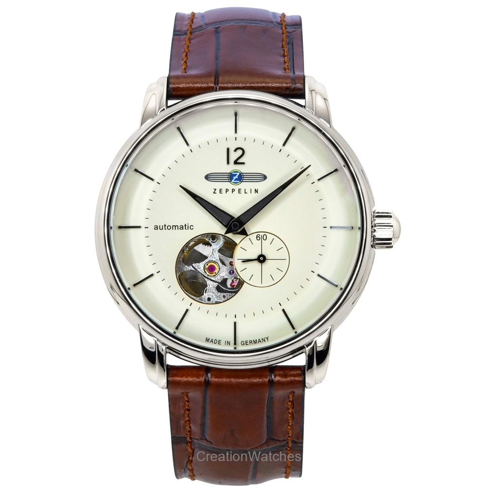 Zeppelin LZ-120 Bodensee Leather Strap Beige Open Heart Dial Automatic 81661 Men's Watch