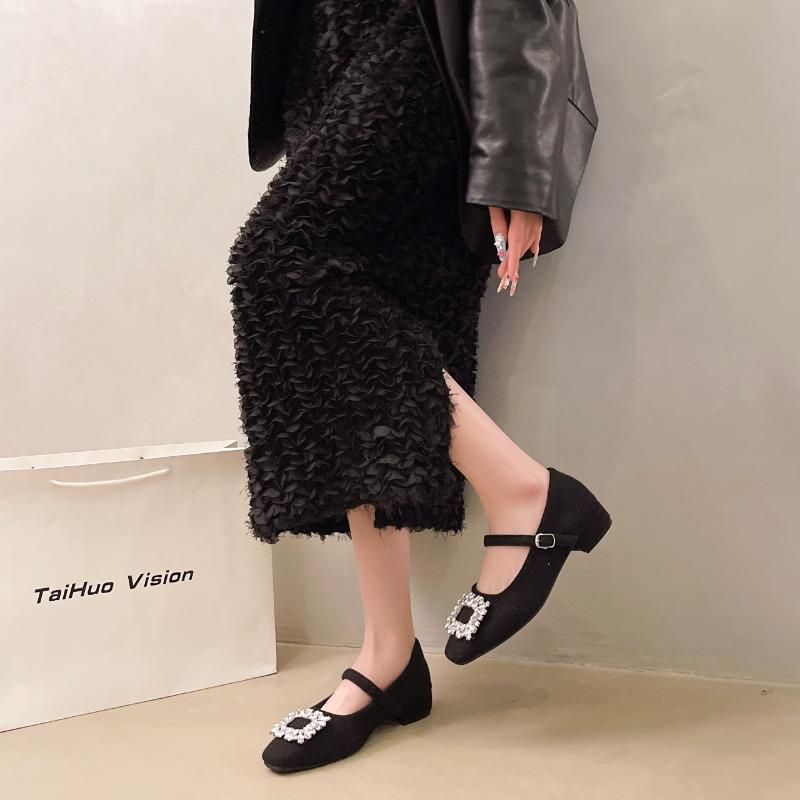 

Универсальные туфли-лодочки на толстом каблуке, женские, юбочные, весенние, новые, из бархата со стразами, теплые, Мэри Джейн, на высоком каблуке, трендовые 40 чёрный