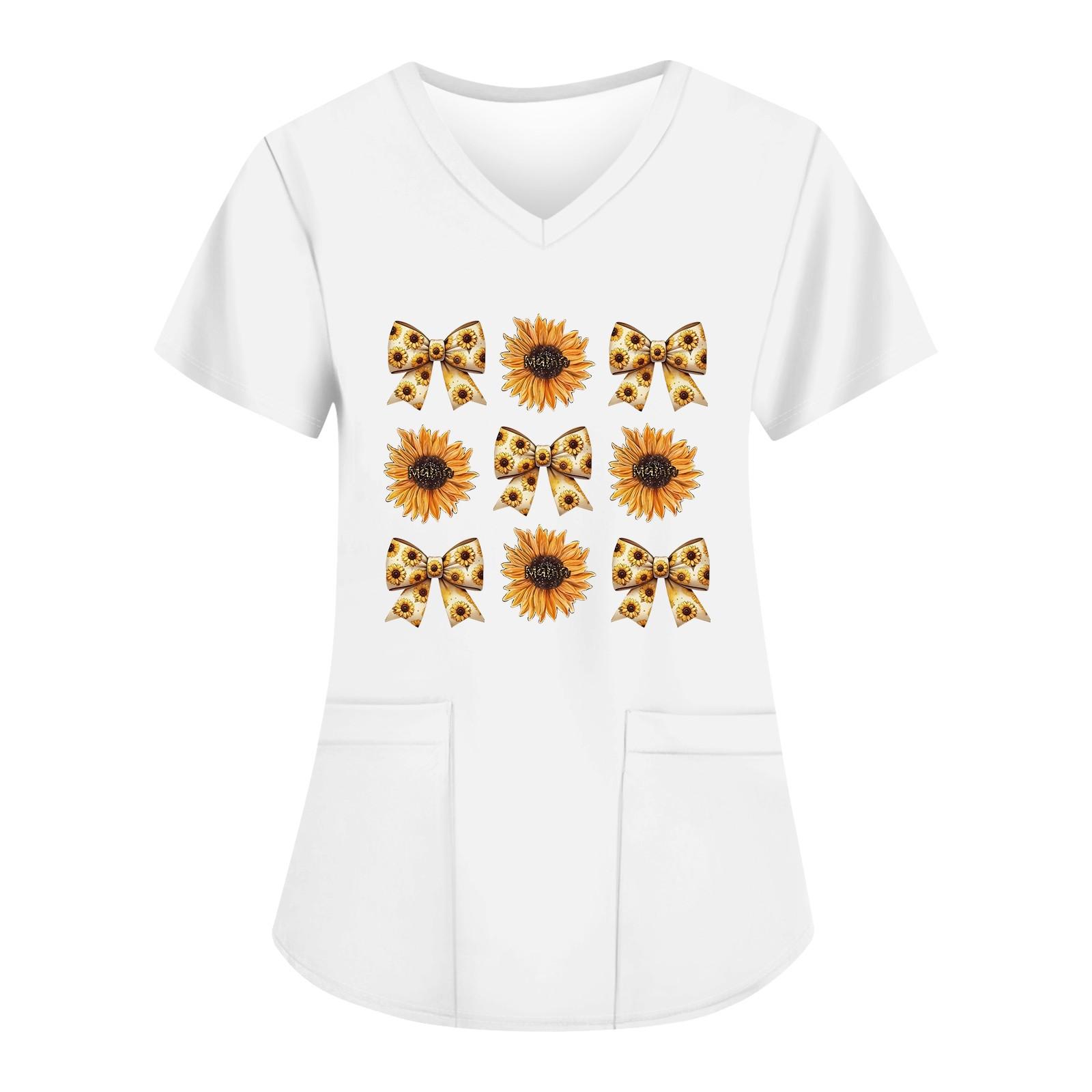 

Жіночі модні робочі футболки з принтом і V-подібним вирізом з короткими рукавами та кишенями S білий