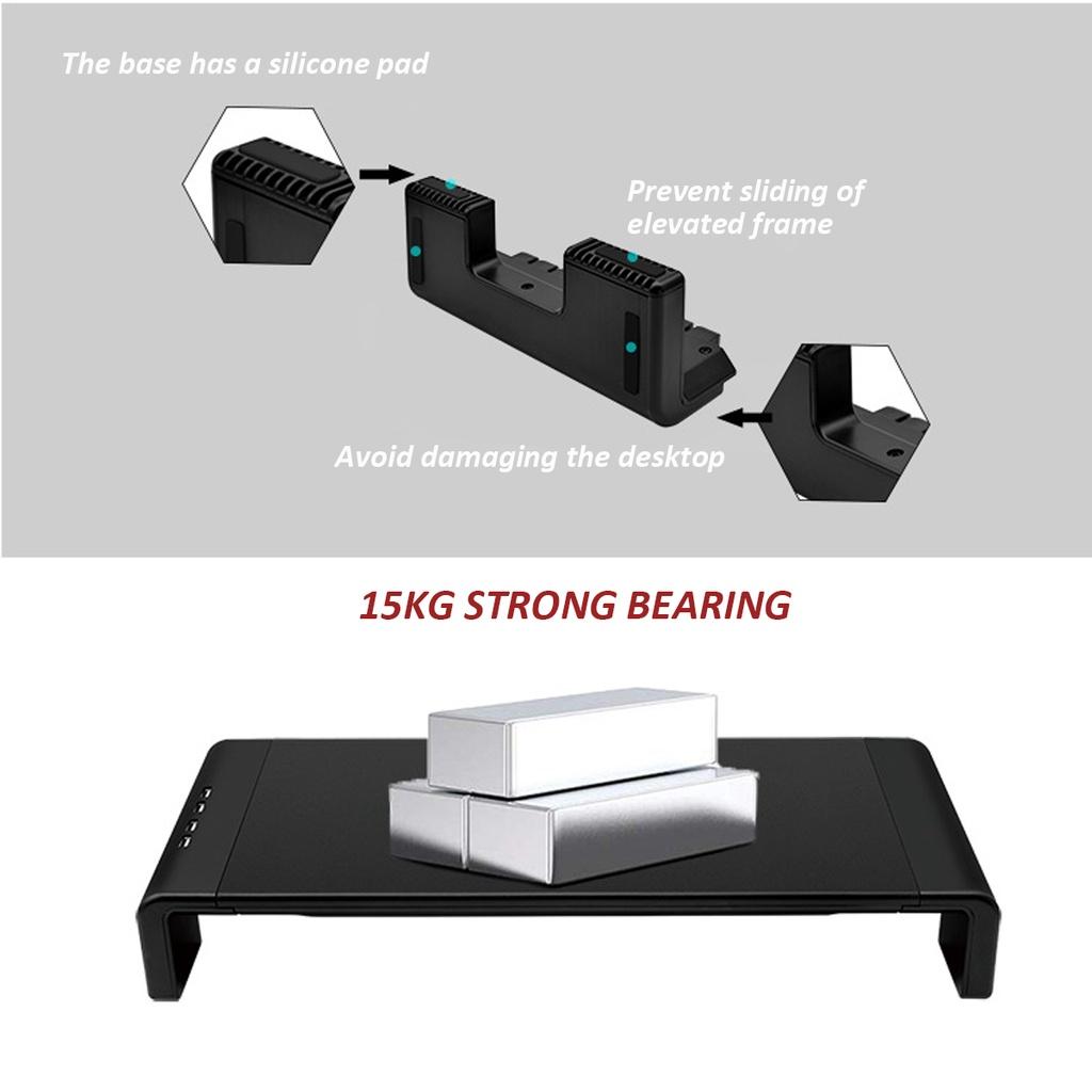 4 USB Multifunktions-Monitorständer mit 2.0 Anschlüssen, Ladefunktion, Monitorhalter, Computerbildschirm-Regal, Laptopständer, Organizer, Schwarz