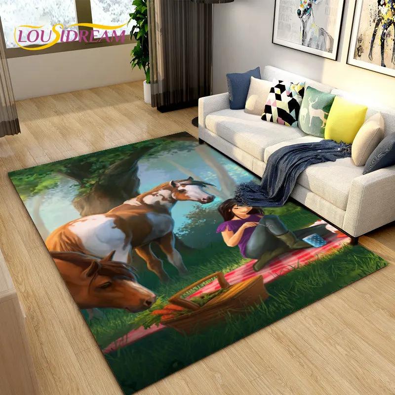 Cartoon Spirit Riding Free Horses Area Rug,Carpet Rug for Living Room Bedroom Sofa Doormat Decoration, Kids Non-slip Floor Mat