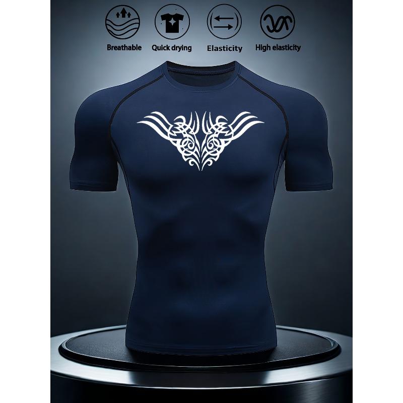 Mens White Compression Short Sleeve T-Shirt Black Tribal Wing Graphic Quick Dry Breathable High Elasticity Gym And Running Athletic Top