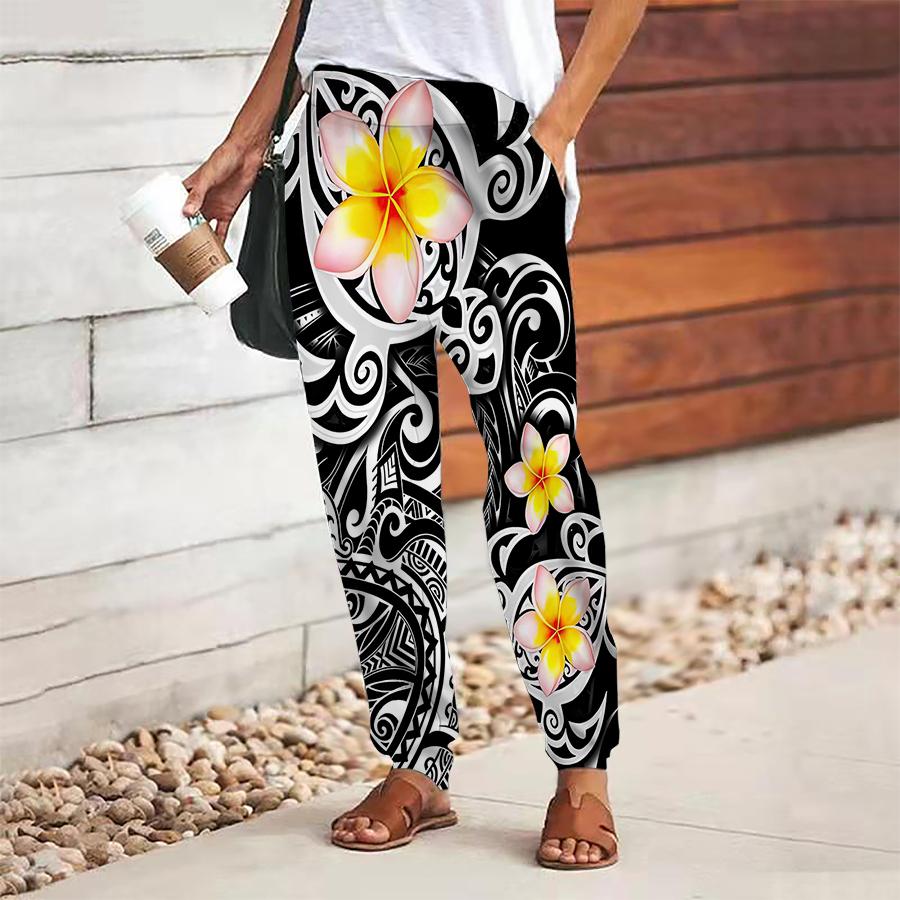 Women Flower Printing Pants Lace Up Elastic Waist Loose  Trousers Casual Long Pants Trousers with Pockets
