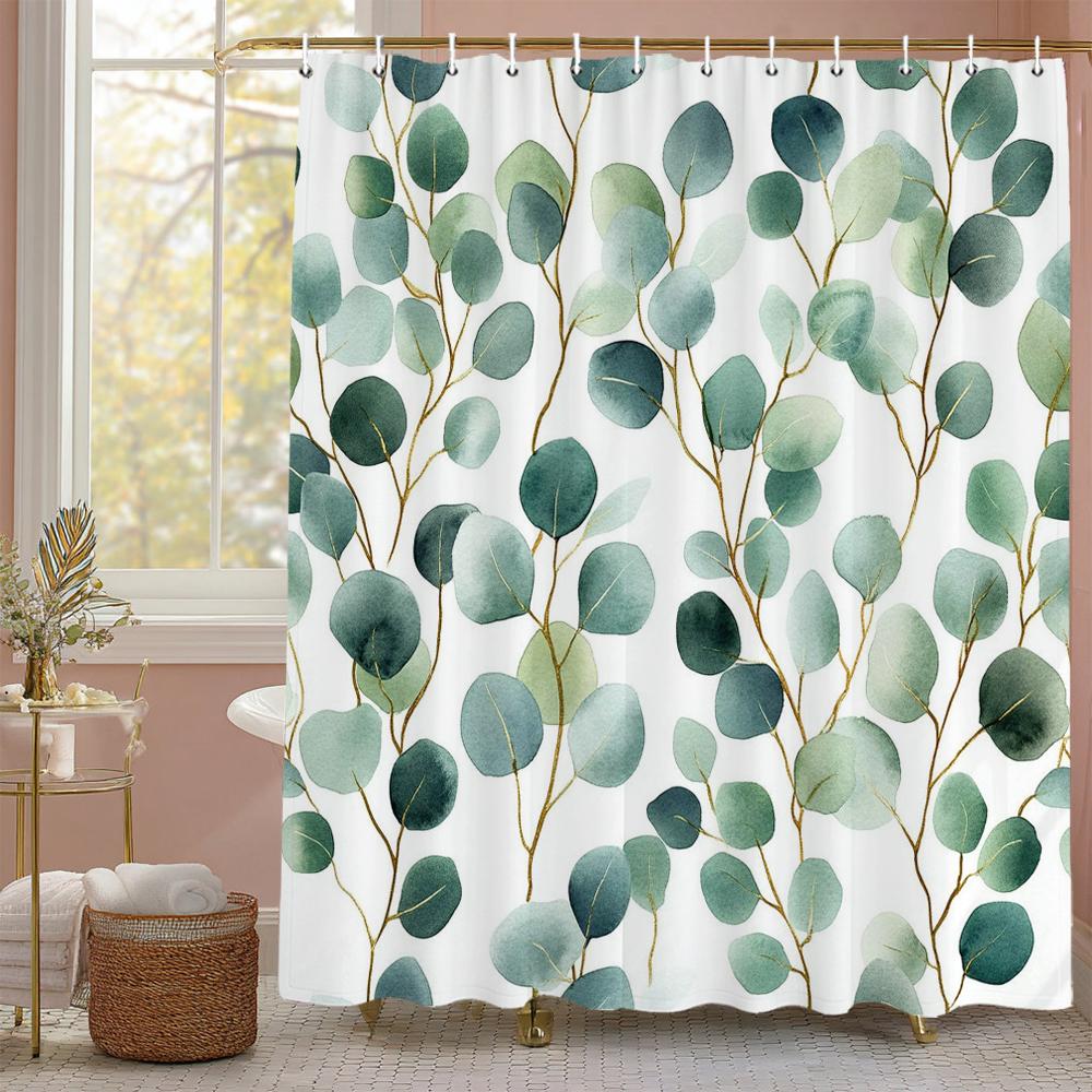 Green Leaf Shower Curtain, Plants and Eucalyptus Leaves Bathroom Decor, Waterproof Polyester Shower Curtain, Home Decor Curtain