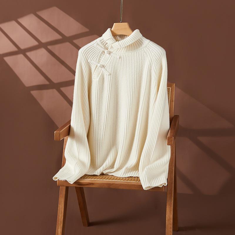 

Женский кашемировый свитер Ejia в китайском стиле с высоким воротом - Толстый, свободный и уютный для осени и зимы One Size кремовый/белый