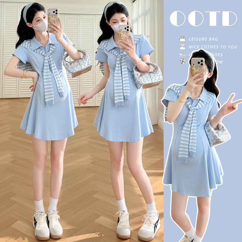Korean Style Summer Polo Collar Petite Maternity Dress Set with Striped Shawl M