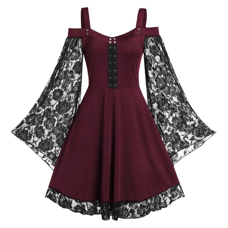 Sexy Elegantes Spitzen-Mini-Kleid Damen Robe Gothic Vintage A-Linie Partykleidung Frau Kleidung Streetwear