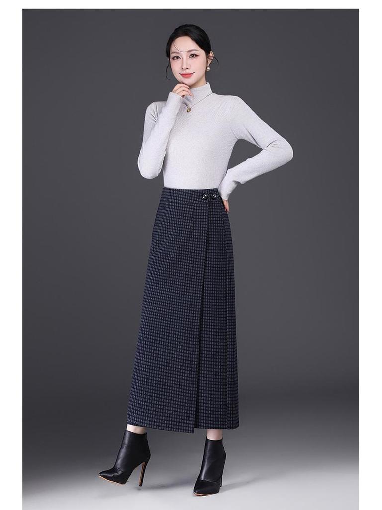 Plaid Woolen High-Waisted Pencil Skirt: Winter 2025 Korean Style, Thickened and Warm with Slit