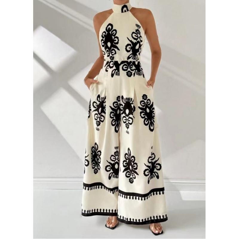 

Summer European And American Women S New Fashion Round-Neck Tie-Waist Slim-Fit Printed Jumpsuit 3XL бежевий
