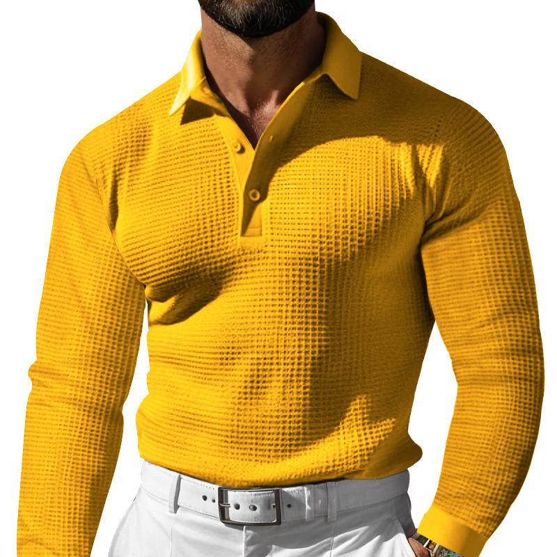New Men's T-shirt Waffle Collar Button Slim Long Sleeve Polo Shirt