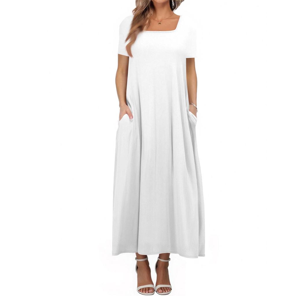 Women's Loose Short-sleeved Solid Color Square Neck Plus Size Dress