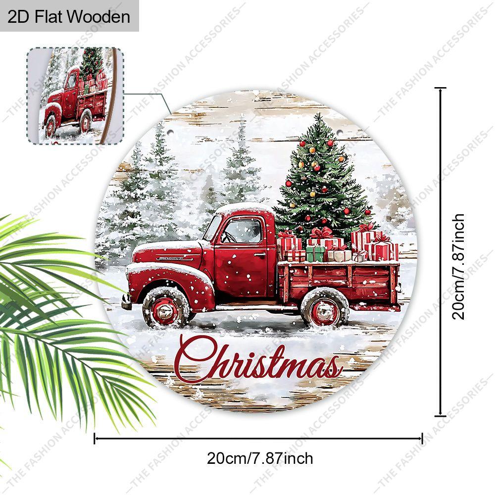 Vintage Red Truck Christmas Tree Round Wooden Hanging Sign, 2D Printed Xmas Front Door Wall Ornament
