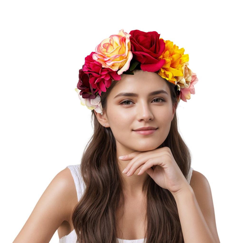 Colorful Rose Flower Headband for Music Festival Artificial Flower Wreath Hairhoop Wedding Bride Dressingup Accessory