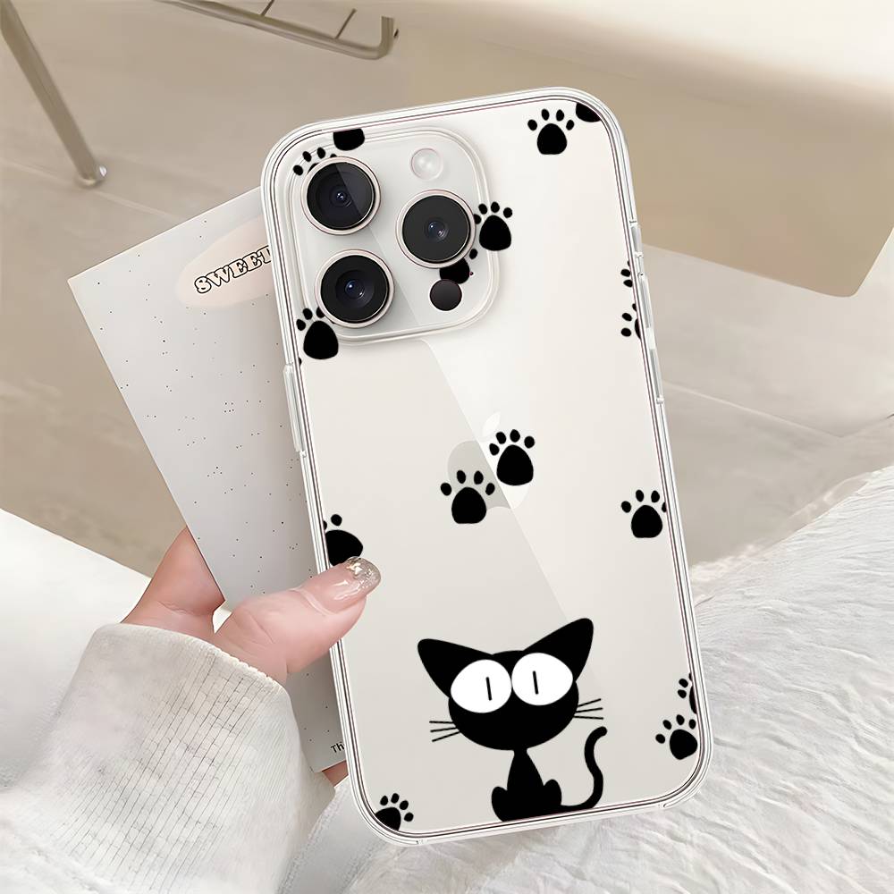 B-Black Cat Phone Case For Iphone17 16 15 11 13 14 Pro Max 7 8 Plus X Xr Xs Max Se2020 12mini Transparent Cov