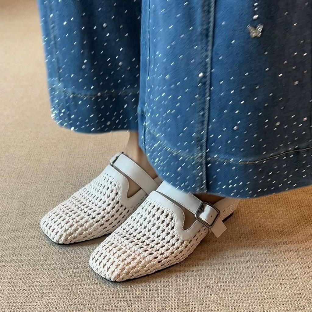 Holiday style woven wedge heel Muller shoes belt buckle breathable bag head outer slippers
