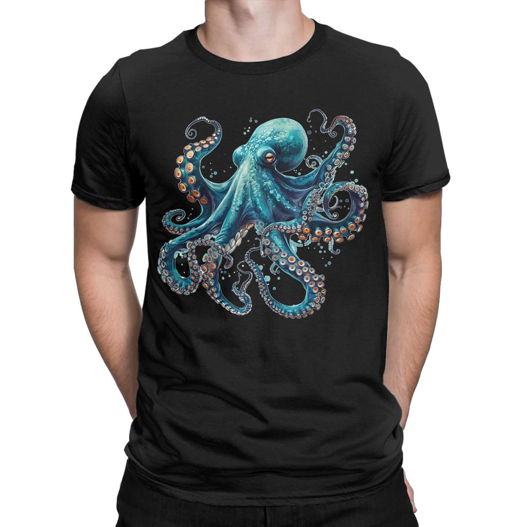 Cool Blue Octopus TShirts Men  Casual Pure Cotton Tee Shirt Round Neck Short Sleeve T Shirt Plus Size Tops