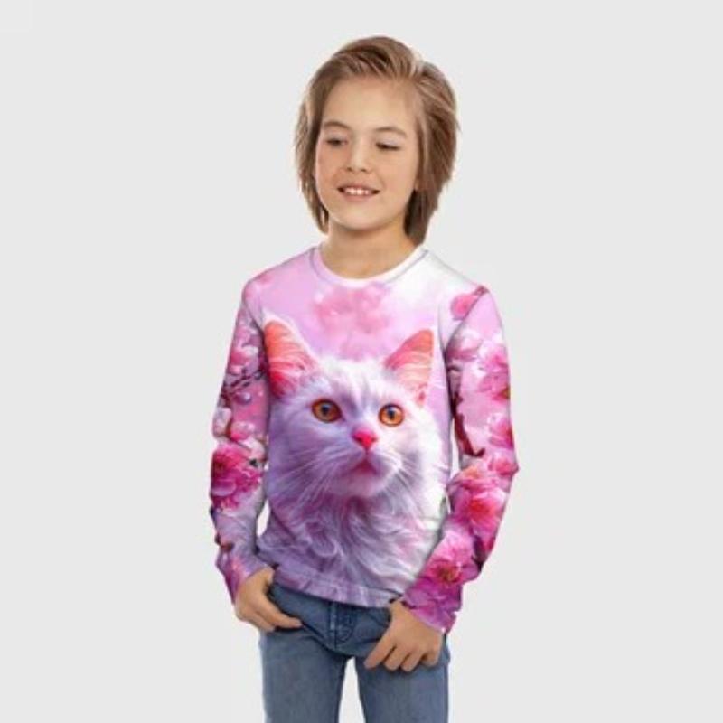 Children's Cartoon Cute Kitten Print T-shirt Boys Cute Long Sleeved Soft Comfortable Top