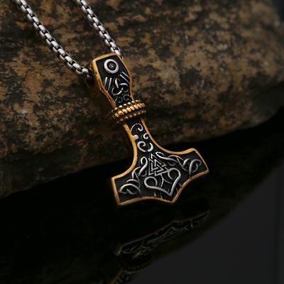 Viking Raytheon Hammer Triangle Rune Titanium Steel Pendant Retro Simple Men's Stainless Steel Necklace
