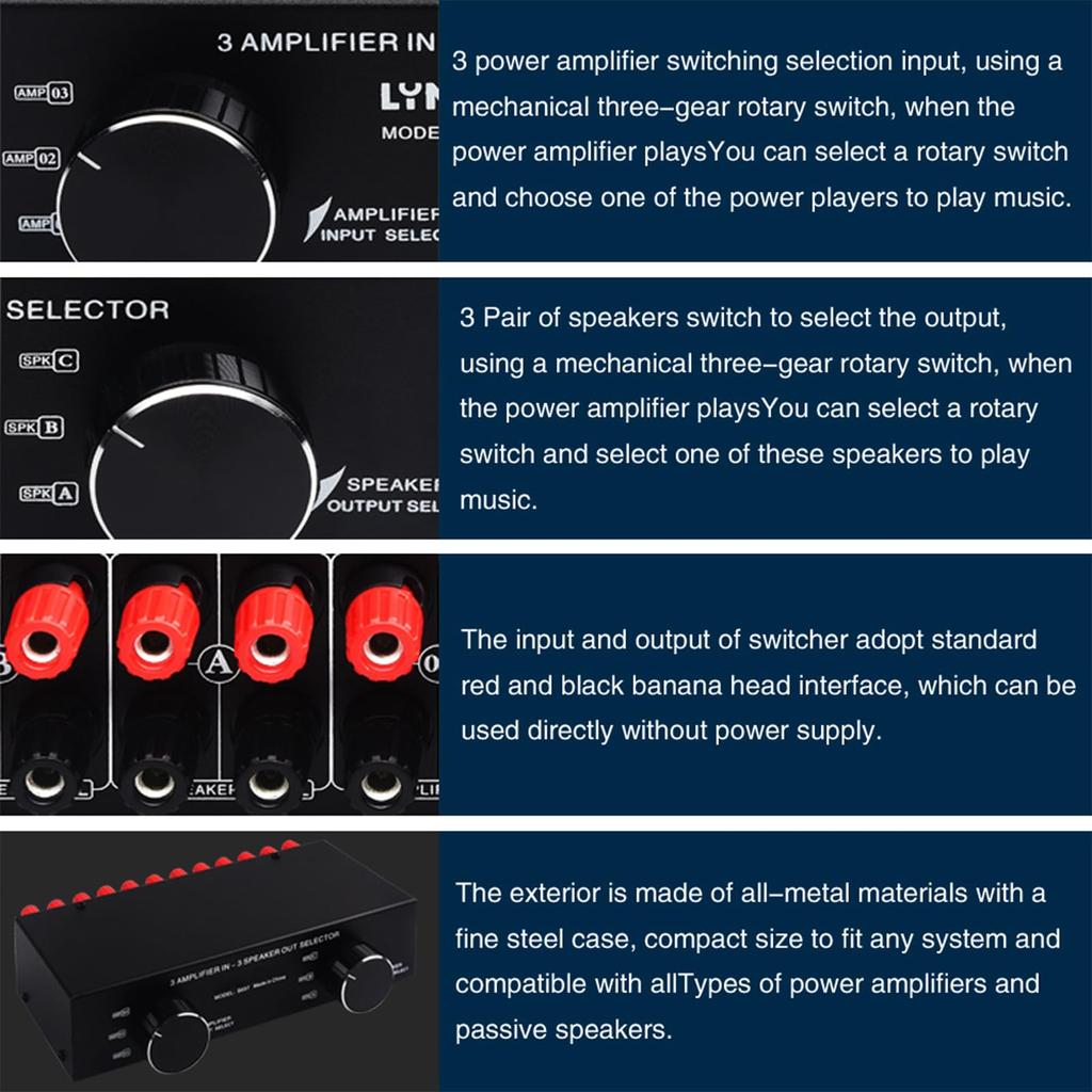 AMP Speaker Selector 300W Powered Speaker Splitter for Home Audio OUT Switcher Selector Plug and Stereo Sound Quality Switch, 1-Channel Systems, 3/3