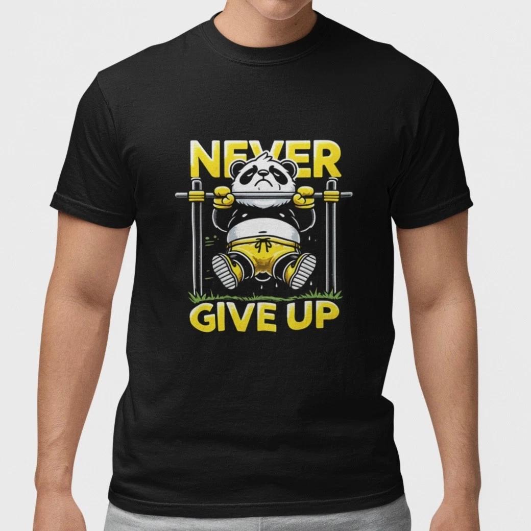 Never Give Up Panda T Shirt Funny Gym Workout Motivation Tee L