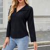 Women's Fashionable Solid Color Lapel Long Sleeved Casual Pullover T-shirt Top