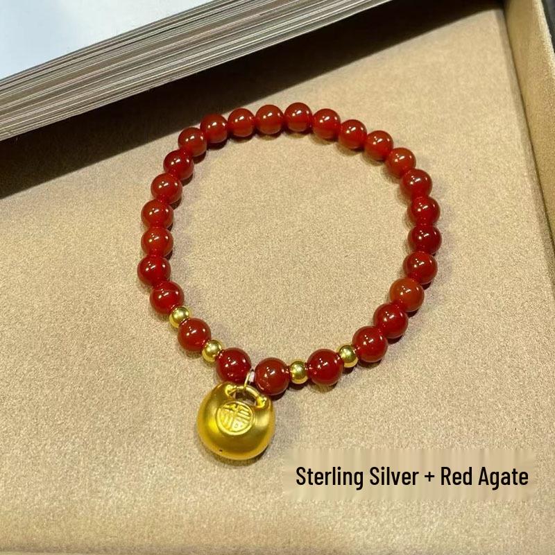 Fu Character Gold-Plated Sterling Silver Red Agate Beaded Bracelet - Fashion Couple Style Pendant Accessory