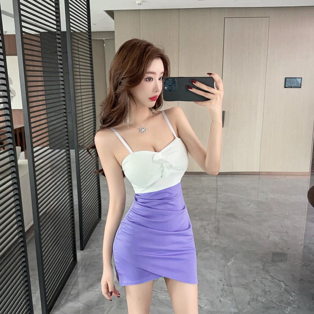 Temperament celebrity pure desire sexy contrasting color hip-wrapped tight short suspender hip-wrapped bottoming dress women's autumn and winter