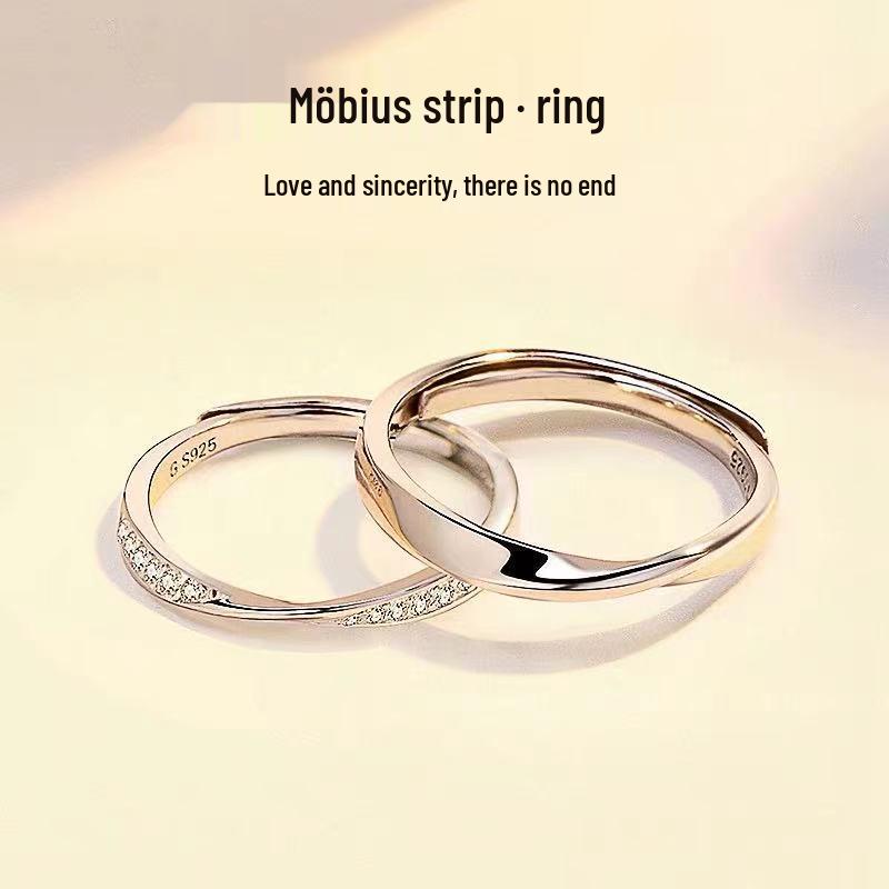 Mobius Pure Silver Zirconia Couple Rings - Unique Design Valentine s Day Gift Adjustable Size