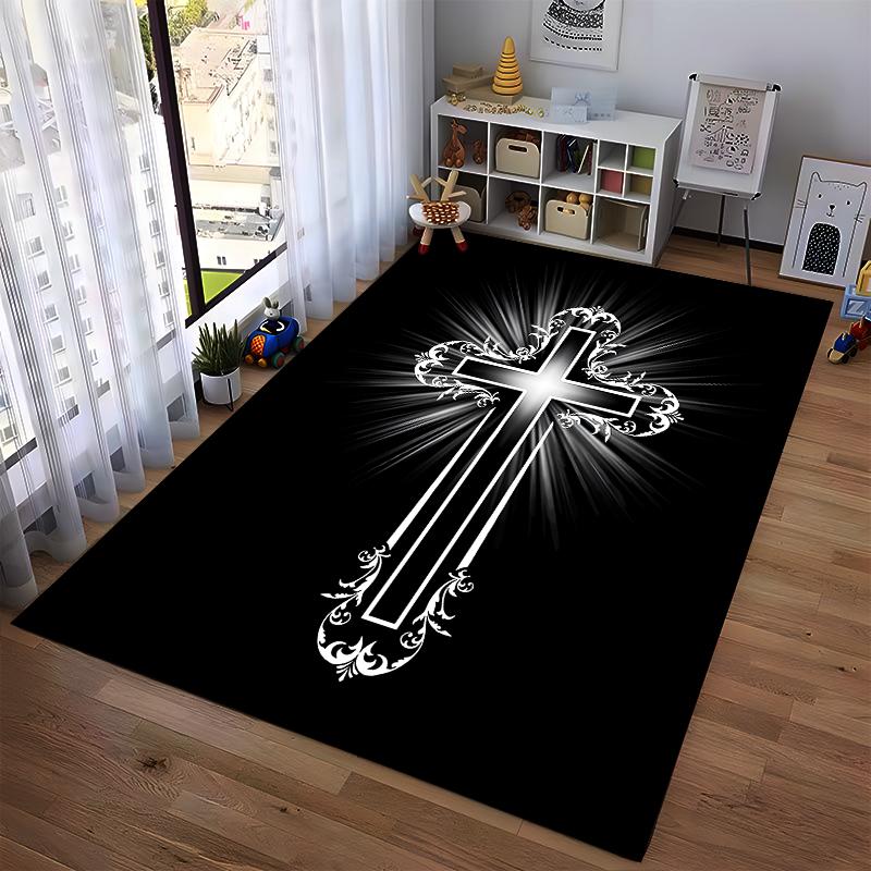 Elegant Cross with Radiant Floral Design Non-slip Rug Suitable for Living Room and Bedroom Sofas.