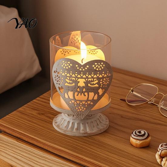 Boutique Shop Display 2Pcs Christmas Hollow Metal Candle Holder, Vintage Tabletop Tealight Lantern, Xmas Seasonal Atmosphere Light Elk, Tree,