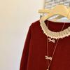 Korean Chic Lace Trim Round Neck Sweater Cardigan with Bow and Ruffle Edges for Women’s Autumn Winter Fashion.