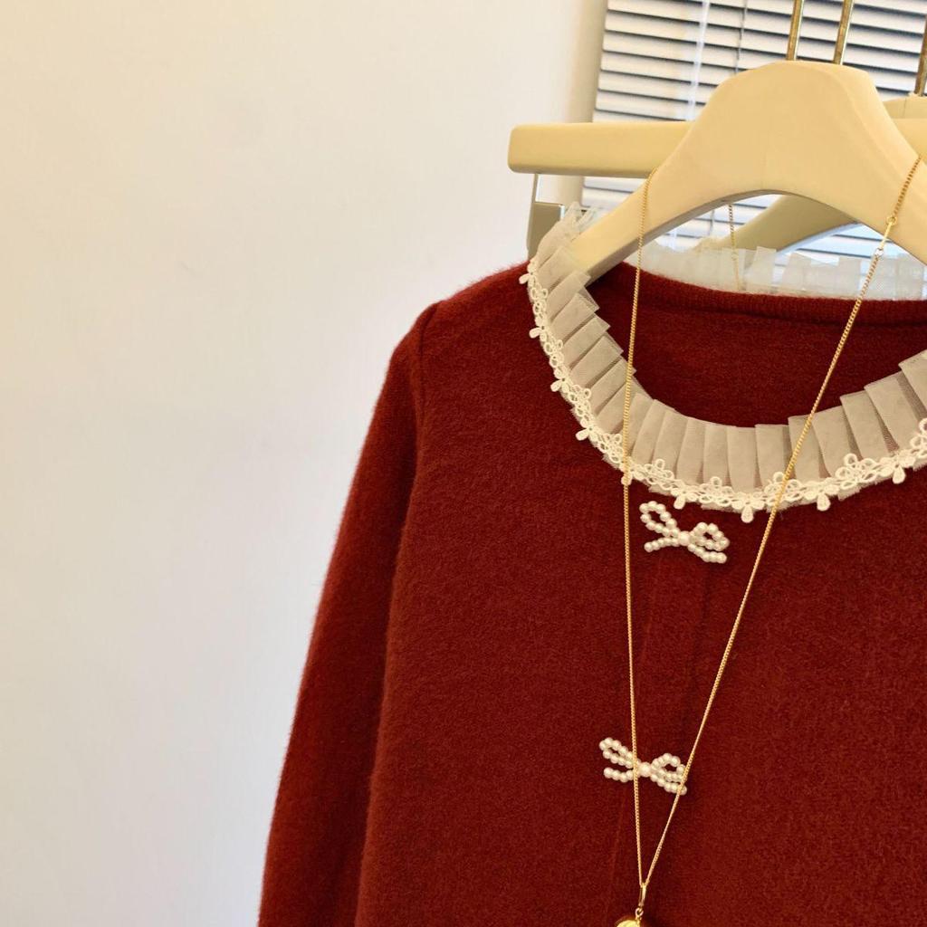 Korean Chic Lace Trim Round Neck Sweater Cardigan with Bow and Ruffle Edges for Women’s Autumn Winter Fashion.