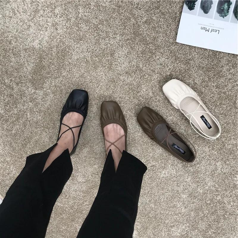 Pleated Single Shoes Women Square Toe Soft Ballet Flats Slip On Solid Color Elegant Dance Shoe Cross Ladies Loafers