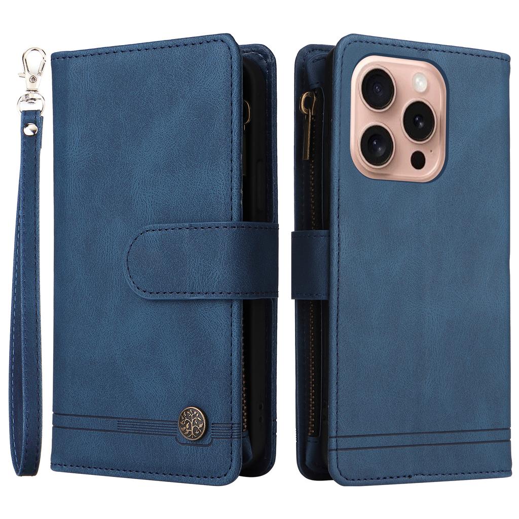 For iPhone 16 Pro Case Leather Folio Wallet Phone Cover with Stand Zipper Pocket